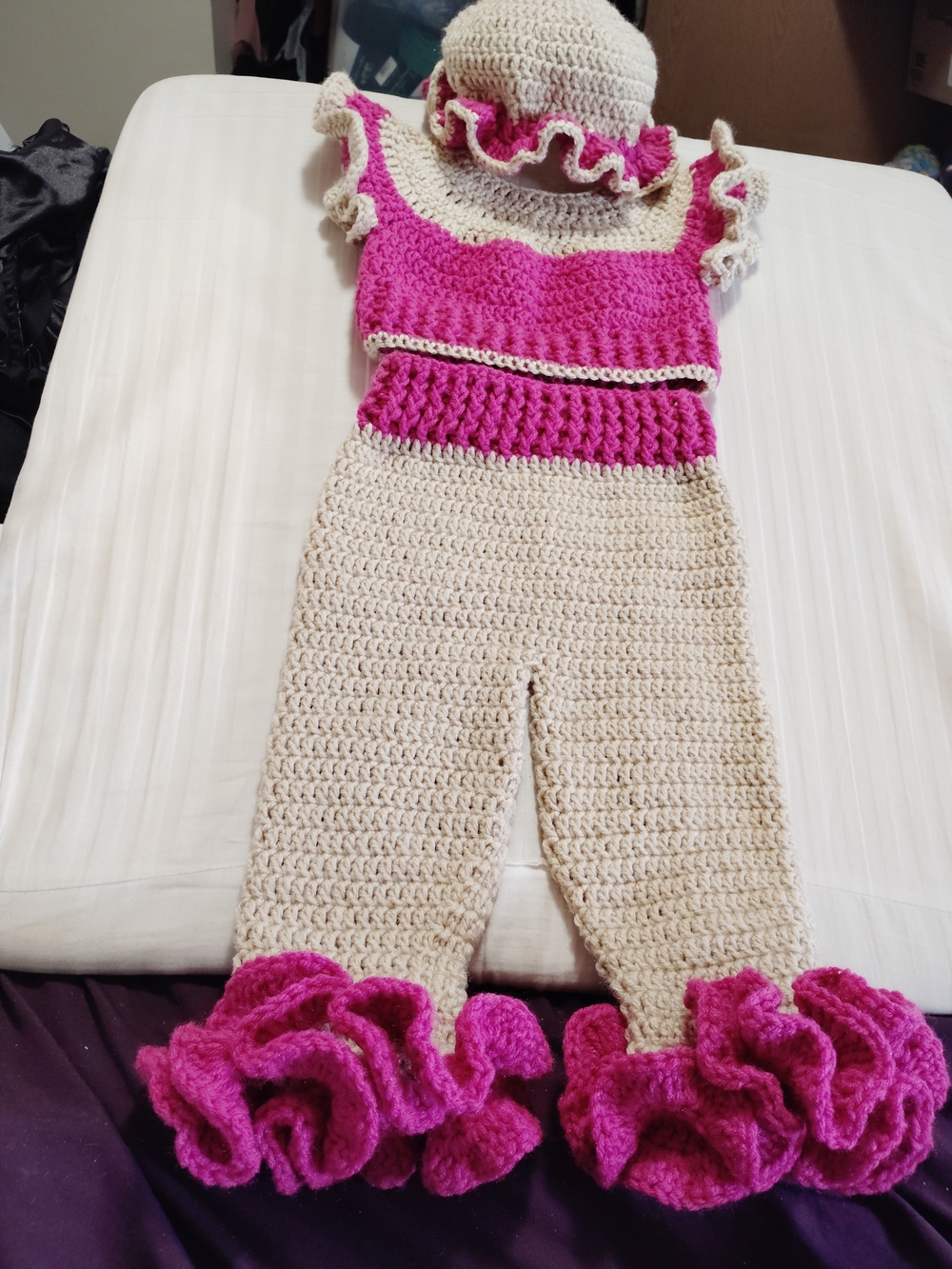 Handmade Crochet Ruffled Romper with Hat - Pink & Cream